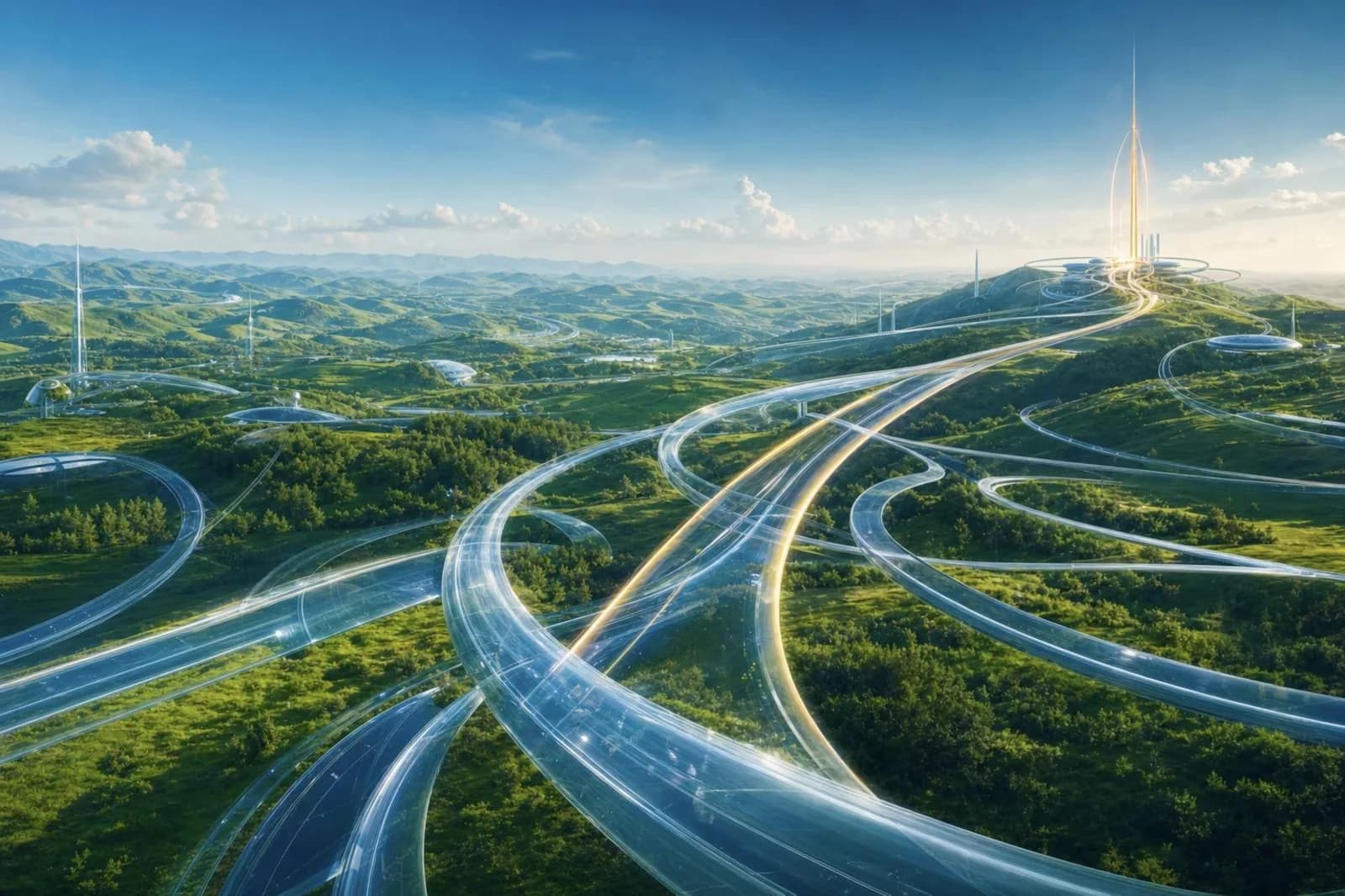 A golden spire rising over glass highways and green hills